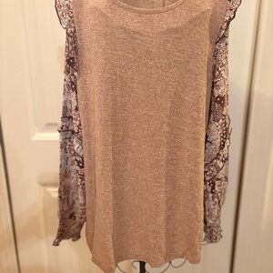 Women's Tan Top with Patterned Sleeves